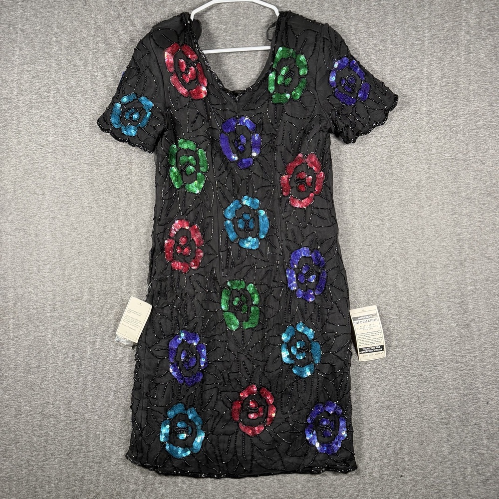 Vintage Y2K Newport News Black Hand Beaded Sequin Floral Party Dress Sz 12